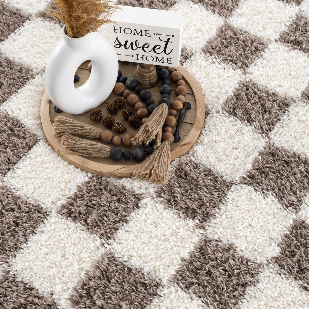 Mocha Check Plush Area Rug