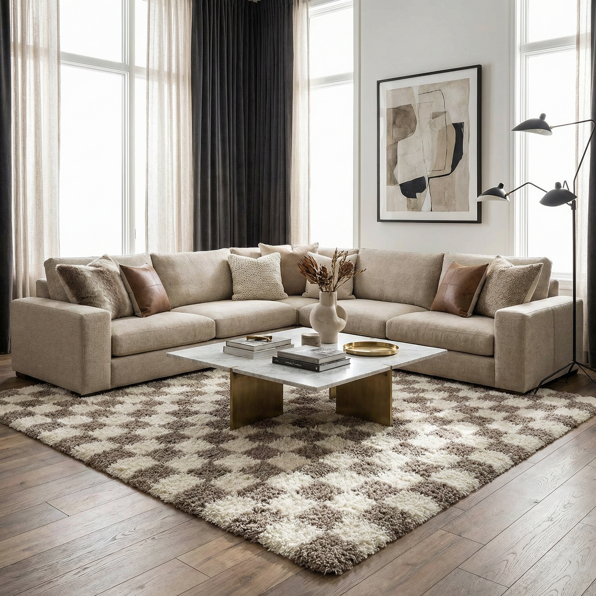 Mocha Check Plush Area Rug